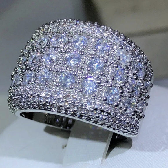 NEW Silver Round Simulate Diamond Pave Wide Band Ring - Picture 5 of 13